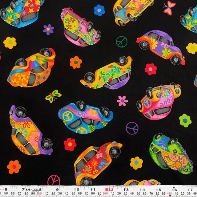 Cranston Groovy Love Bug VW Volkswagen Black Cotton Fabric Remnant 16" x 43"