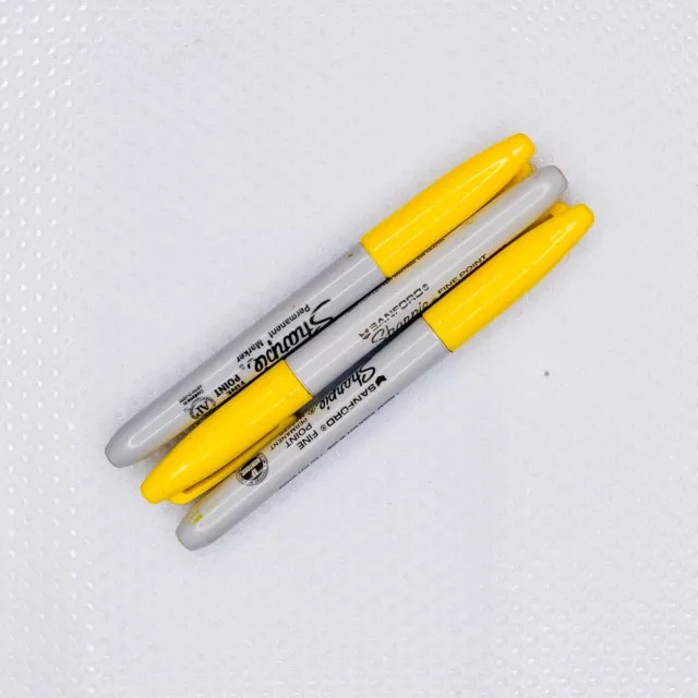 Sharpie Fine Point Used Yellow Permanent Markers/Pens - Lot Of 3 - #7