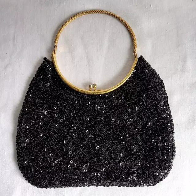 Manico perline paillettes tono oro nero formale borsa da sera pochette 3