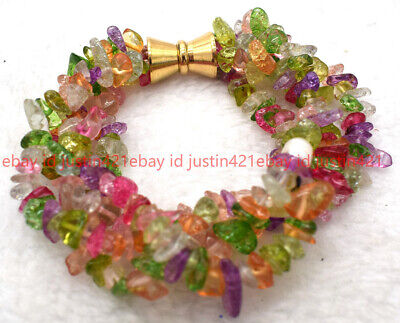 4 Rows Natural 5-8mm Multicolor Tourmaline Chip Gravel Gems Beads Bracelet 7.5"