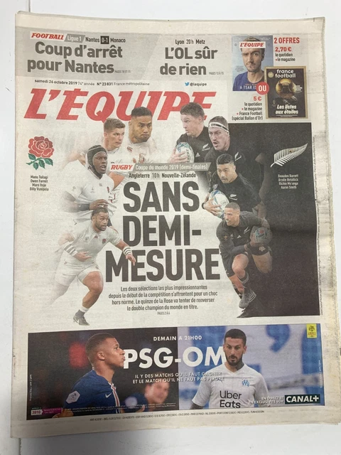 L'EQUIPE .JOURNAL Coupe Monde Rugby finale 29/10/2023 CHAMPION Afrique du Sud EUR 14,32 - FR