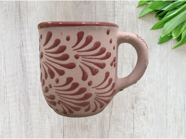 Hand Painted Coffee Mug Terra Cotta Floral Stripe Rough Drip Glazed * Pink *
