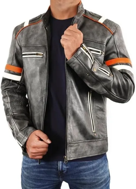 MEN'S BIKER VINTAGE Distressed Motorcycle Real Leather Jacket $139.95 ...