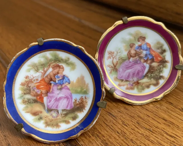 TWO  Limoges France Miniature Plate Gold Painted Fragonard Courting Couple