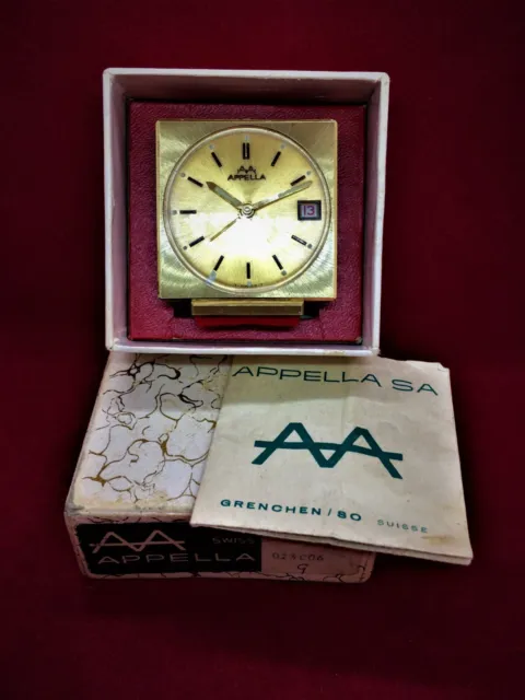 Old Vintage Superb Miniature APPELLA 7 Jewel SWISS Desk Alarm Clock and Box