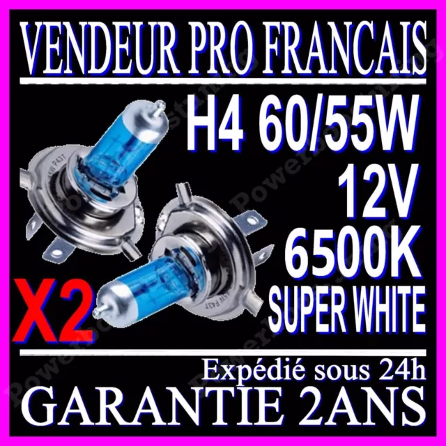 Kit DE 2 Ampoule Lampe Halogene Feu Phare XENON GAZ SUPER WHITE H4 55W 6500K 12V