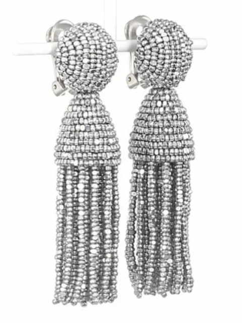 $345 - OSCAR DE LA RENTA Women's 'SHORT TASSEL' Silver EARRINGS - CLIP ON
