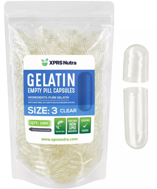 Size 3 Clear Empty Gelatin Pill Capsules Kosher Gel Caps Gluten-Free USA Made