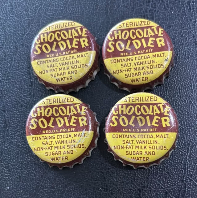 Lot Of 4 Vintage Sterilized CHOCOLATE SOLDIER cork back Soda Bottle Caps Cap