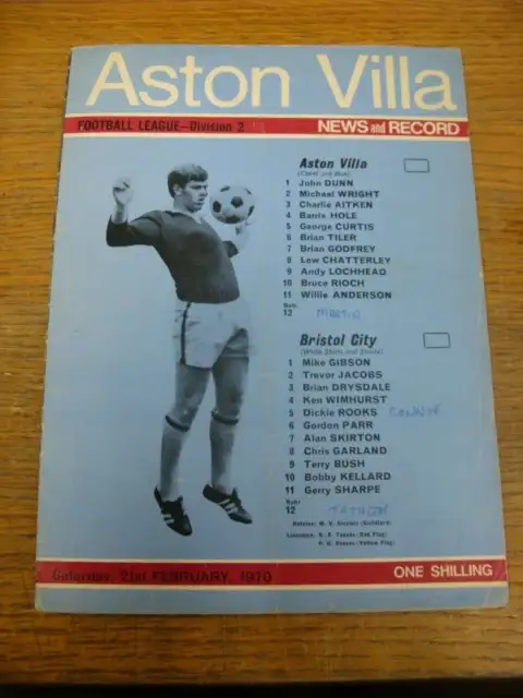 21/02/1970 Aston Villa v Bristol City  (Creased, Folded, Worn, Team Changes)