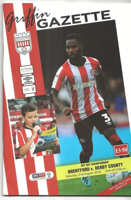 Football Programme BRENTFORD v DERBY COUNTY Aug 2019 last season @ Griffin Pk