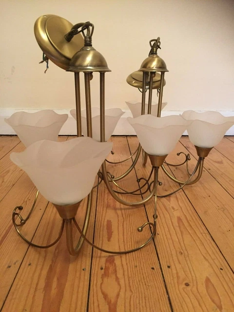 .Antique Look Brass Colour 3 Bulb Ceiling Lights Used Frosted Shades x2 Working