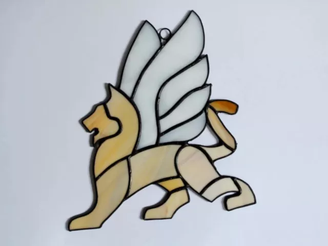 Stained Glass Winged Lion Suncatcher Window Panel - Griffin Wall Hanging Decor