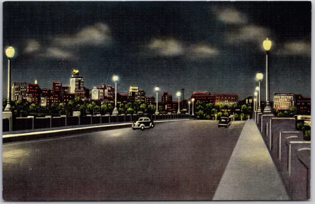 Dallas Texas night view from Viaduct linen Postcard