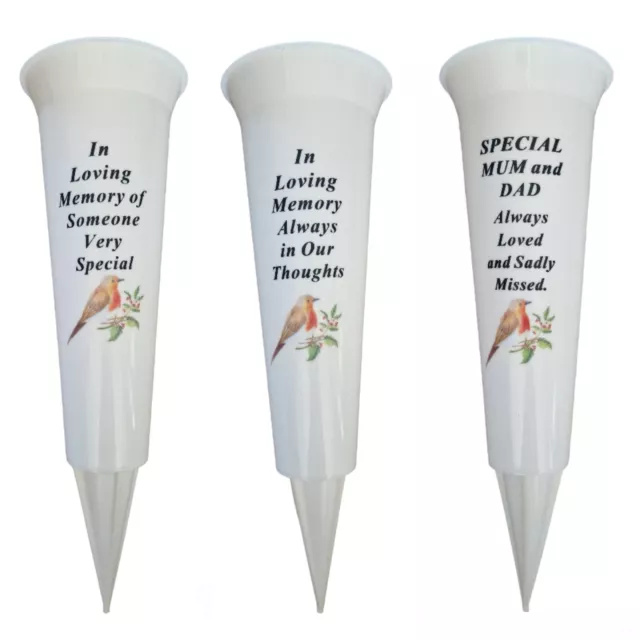 Robin White Plastic Memorial Tribute Spike Cone Vase Cemetery Grave Flowers UK