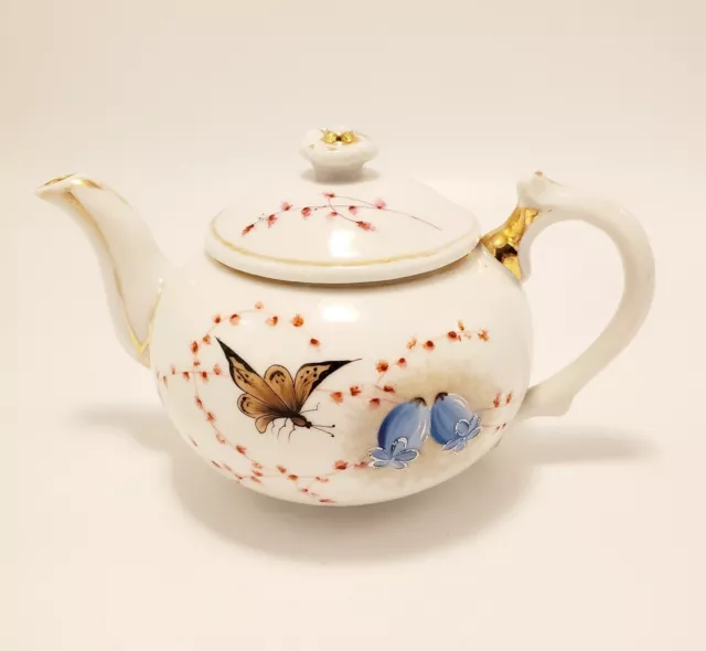 Vintage Porcelain Hand Painted Teapot Butterfly Blue Lovebirds Gold Trim 3"