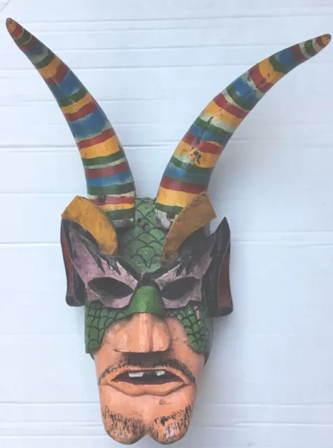 MEXICAN FOLK ART Large Carved Wood Vintage DANCE MASK Devil Rainbow Horns