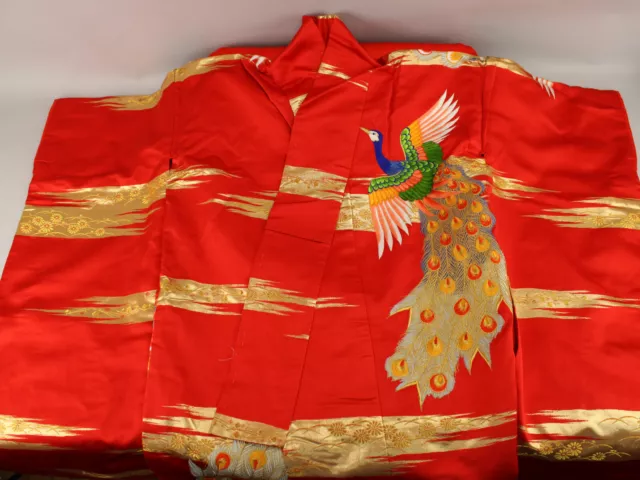 Vintage Japanese Uchikake Silk Wedding Kimono Robe Embroidered Peacocks Red Gold