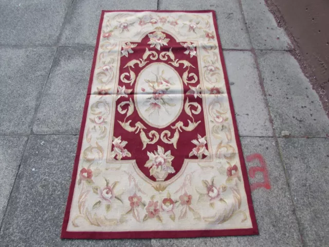 Old Hand Made French Design Wool Maroon Red Original Aubusson 143X77cm