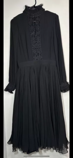 NWOT Polo Ralph Lauren Womens Georgette Dress Black 6 Lace-Trim Pleated