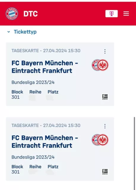 FC Bayern München vs. Eintracht Frankfurt - 2x Tickets - Kategorie 2