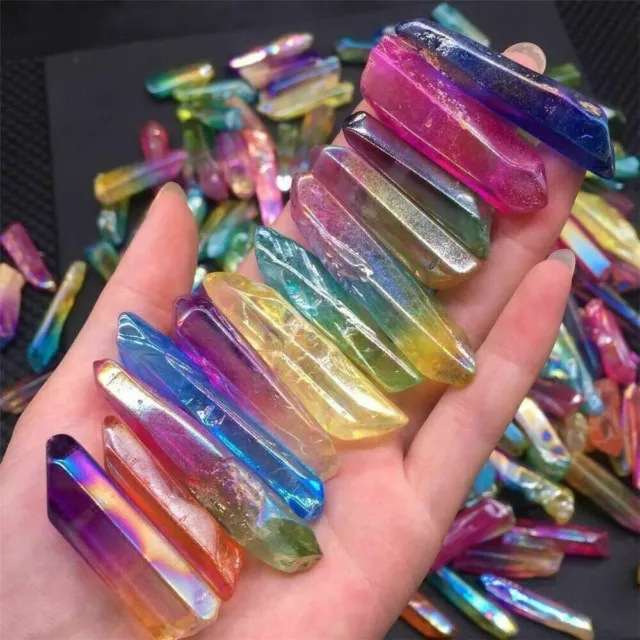 100g Mixed Titanium Rainbow Aura Lemurian Quartz Crystal Point Healing Stones