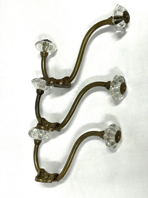 Antique Solid Brass Wall Mounted Coat & Hat Hanger Hooks w/ Glass Knobs 7” Set 3