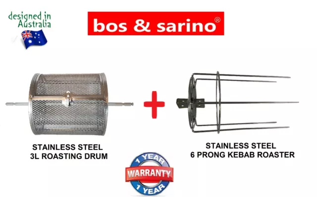 BOS&SARINO Coffee Bean Nut Chips Grill Rotisserie 3L Drum & 6 Prong Kebab SKewer