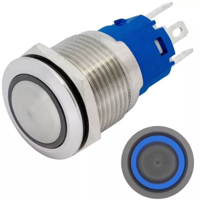 Edelstahl Drucktaster gewölbt Ø19mm Ring LED Blau IP65 2,8x0,5mm Pins 250V 3A Va