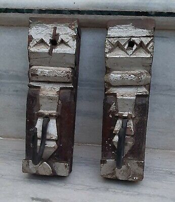 Antique wooden hand carved wall hangers painted hanging hooks old pair decor art 3
