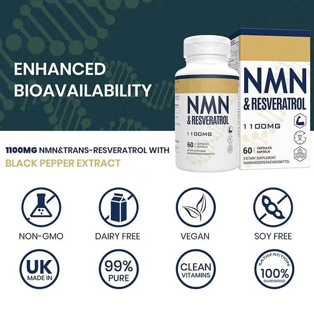 NMN + RESVERATROL 60 Capsules Antiaging Antioxidant Supplement Health