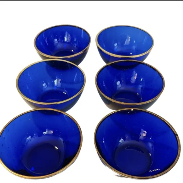 Cobalt Art Glass Bowls Bullicante Hand Blown And Gold Rim Set Of 6 As Is