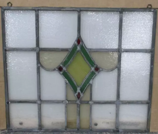 OLD ENGLISH LEADED STAINED GLASS WINDOW Unframed w Hooks Geo 17.75" x 15.25"