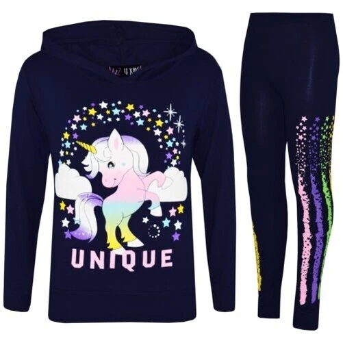 Bambine DAB Unicorn Unico con Cappuccio Navy Top & Set Leggings Floss Tuta