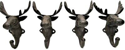 Set of 4 Antique Style Rustic 3-D Moose Cast Iron Coat Hook Wall Mount Cabin