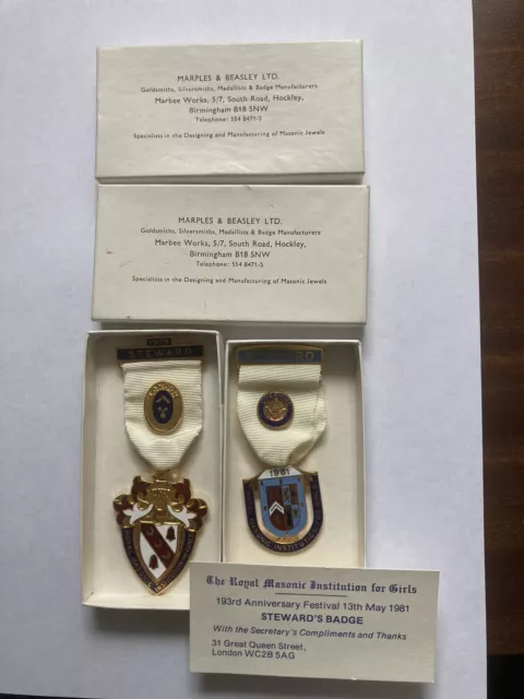 2 Steward Jewels Royal Masonic Institution For Girls London 1979 & Cheshire 1981