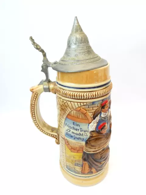 West Germany Ein Frischer Trunl Macht Alle Jung Drinking Lidded Beer Stein Mug