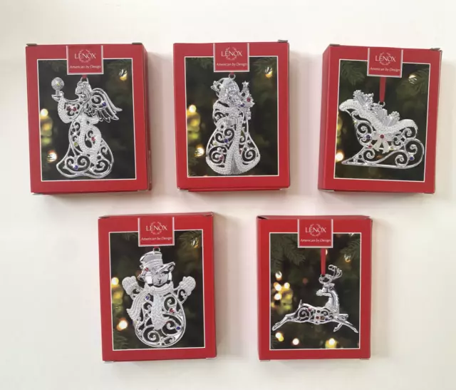 Lenox Sparkle and Scroll Clear - Crystal Ornaments, Silverplate, Set of 5, NEW!