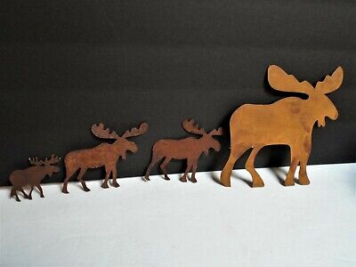 Rustic Metal Cutouts Herd of Moose Figurine lot 4p Crafts Primitive Cabin ART 4