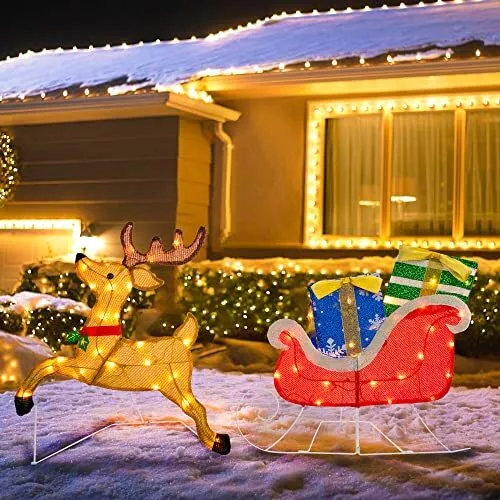 Christmas Outdoor Decorations Yard, Pre-Lit Lighted 2D Santa Sleigh Reindeer ...