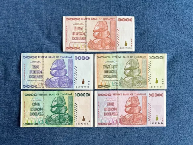 Zimbabwe 1 5 10 20 50 Billion Dollar 5 Pcs Set Used