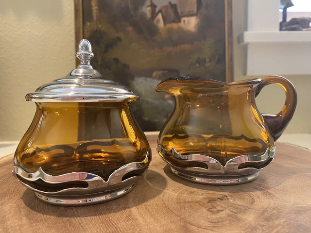 Vtg Art Deco Farber Bros NY Amber Glass Krome-Kraft Creamer, Sugar Bowl w/ Lid Vtg Art Deco Farber Bros NY Amber Glass Krome-Kraft Creamer, Sugar Bowl w/ Lid