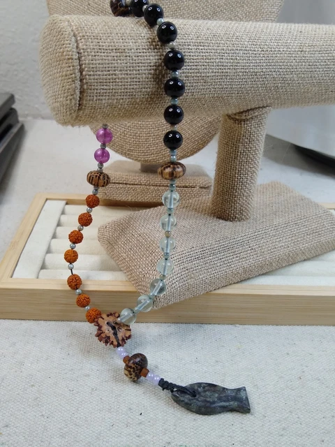 Rosario de cuentas de acrílico y piedra natural multicolor sin marca - 12"" con gota de 4