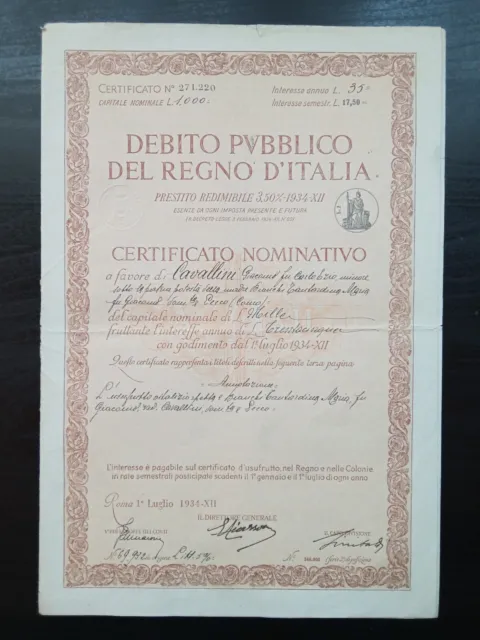 Debito Pubblico Regno d'Italia Roma 1934 Certificato Nominativo Lire 1000 Rosso