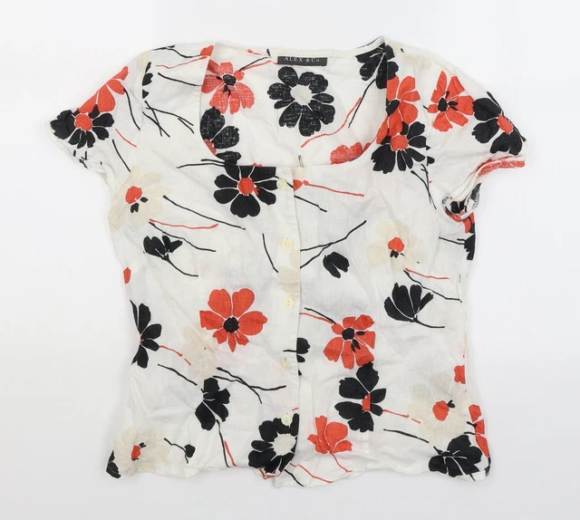 Alex & Co Damen-Leinen weiß mit Blumenmuster Basic geknöpft Größe 14 runder Ausschnitt