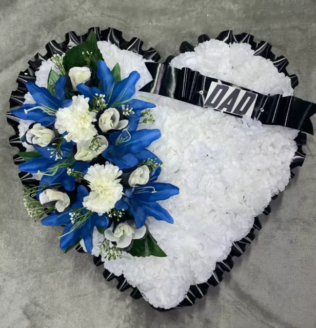 Blue Black & White Artificial Silk Funeral Heart Tribute Wreath Memorial Flowers