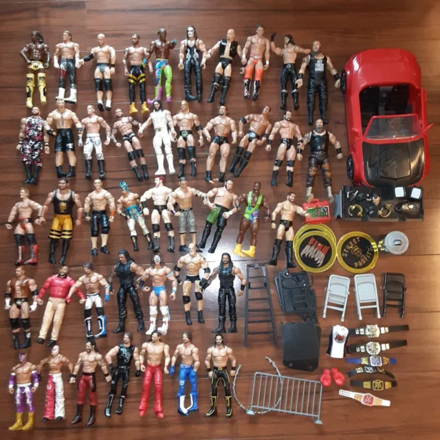 43 WWE Wrestling Action Figures Mattel Wrekkin Car Accessories Belts Chairs Lot