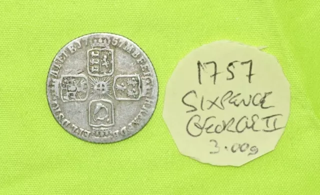 1757 Silver SIXPENCE Coin King GEORGE II (1727 - 1760) 3.00g ESC1622 (i)