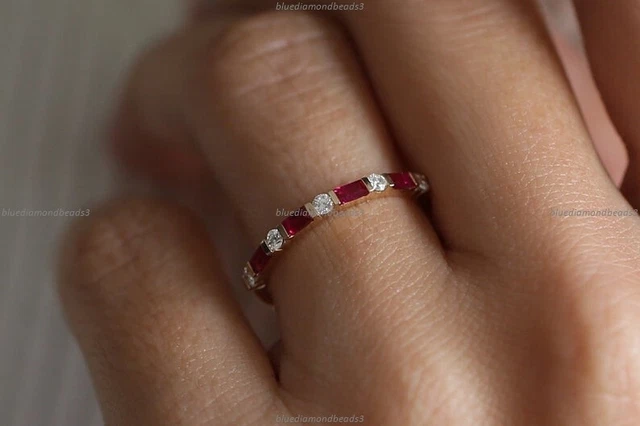 Stackable Victorian Fine Birthday Ring 14k Yellow Gold Ruby Diamond Gemstone