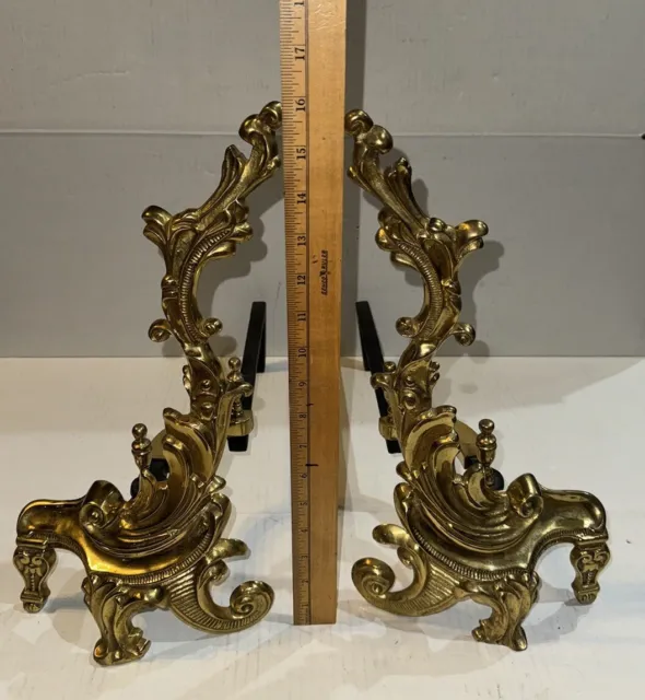 VTG Pair Solid Brass French Louis XV Rococo Style Acanthus Leaves Andirons 16” 3